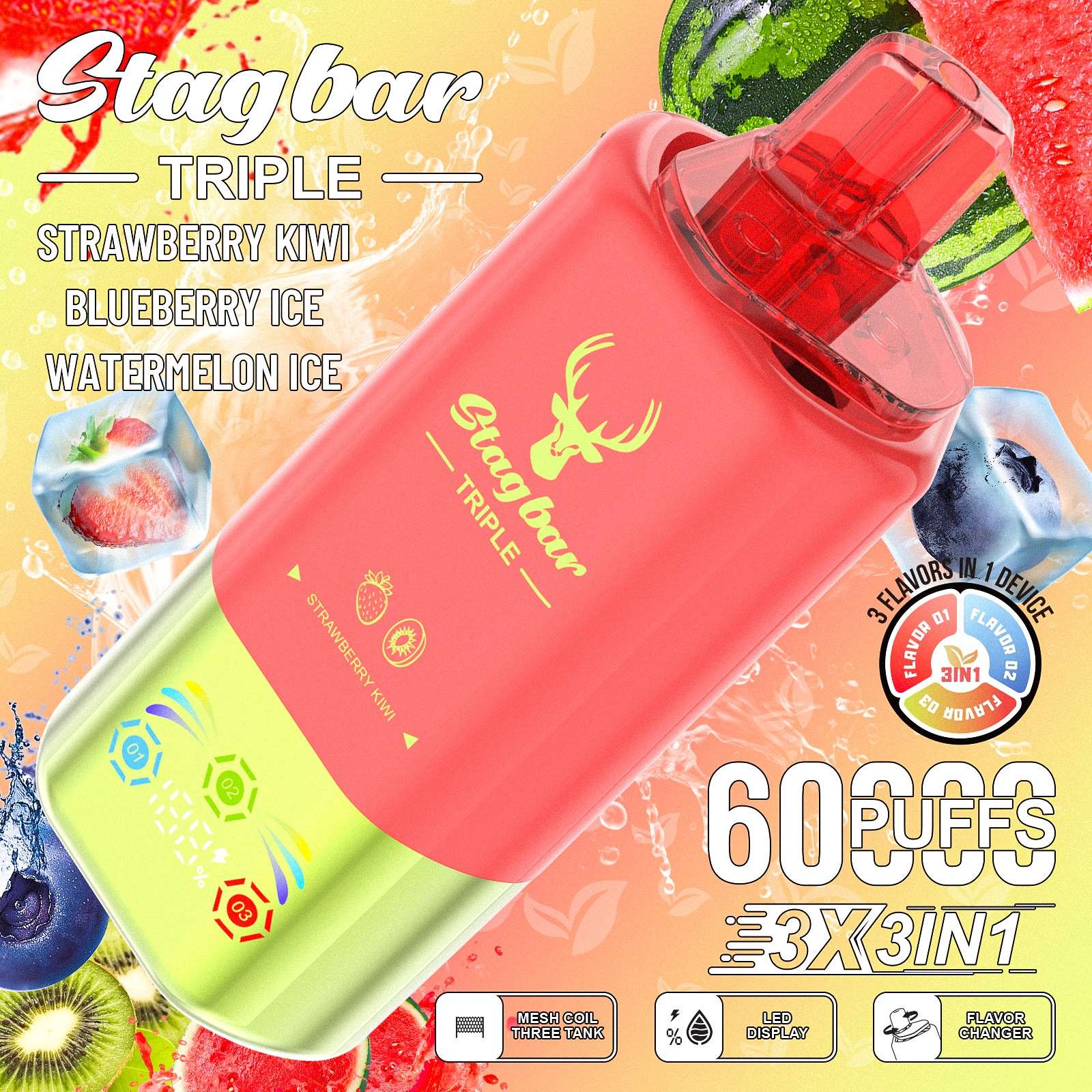 Wegwerp E Sigaret Stag Bar Triple 60000 Puffs 3 in 1 Vape