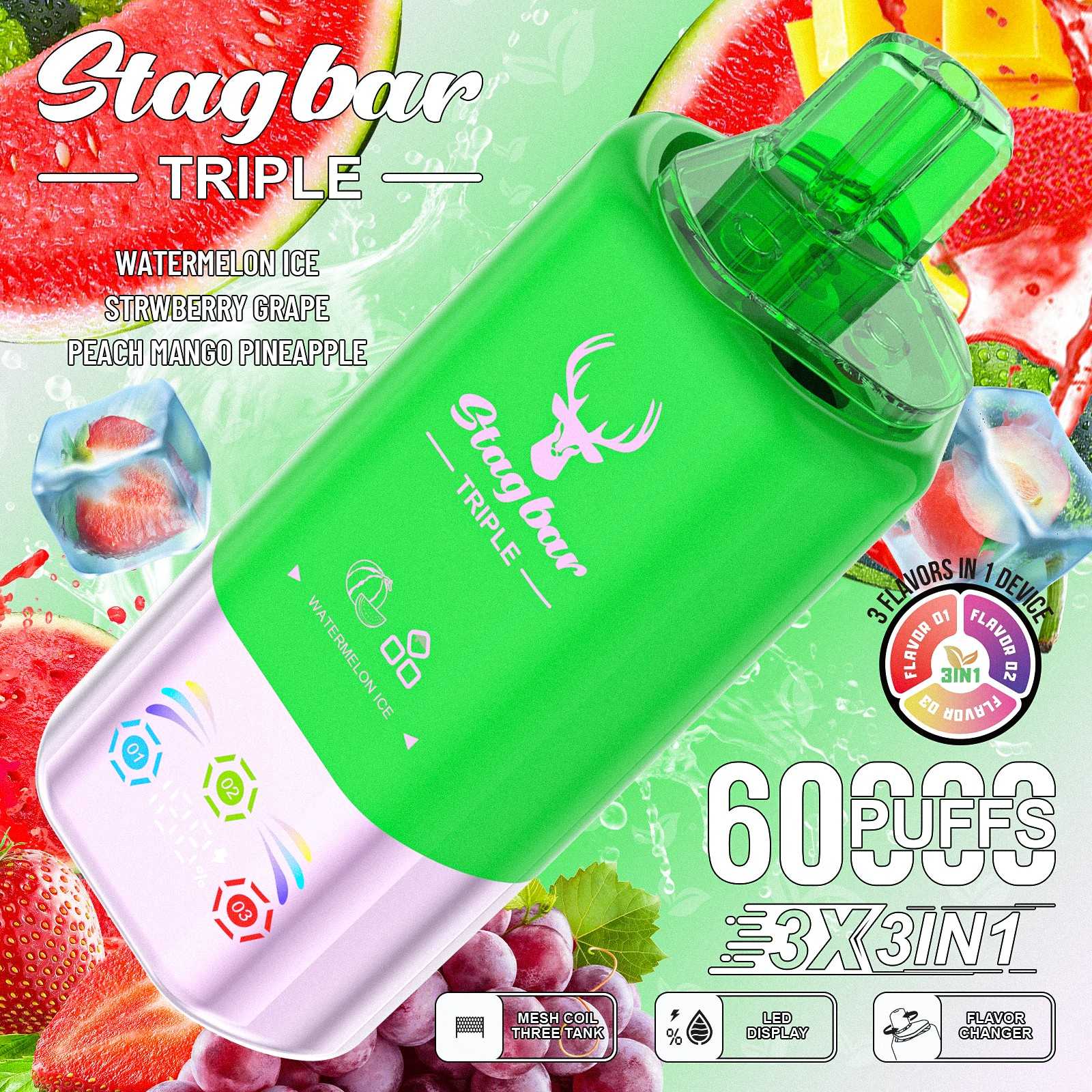 Wegwerp E Sigaret Stag Bar Triple 60000 Puffs 3 in 1 Vape