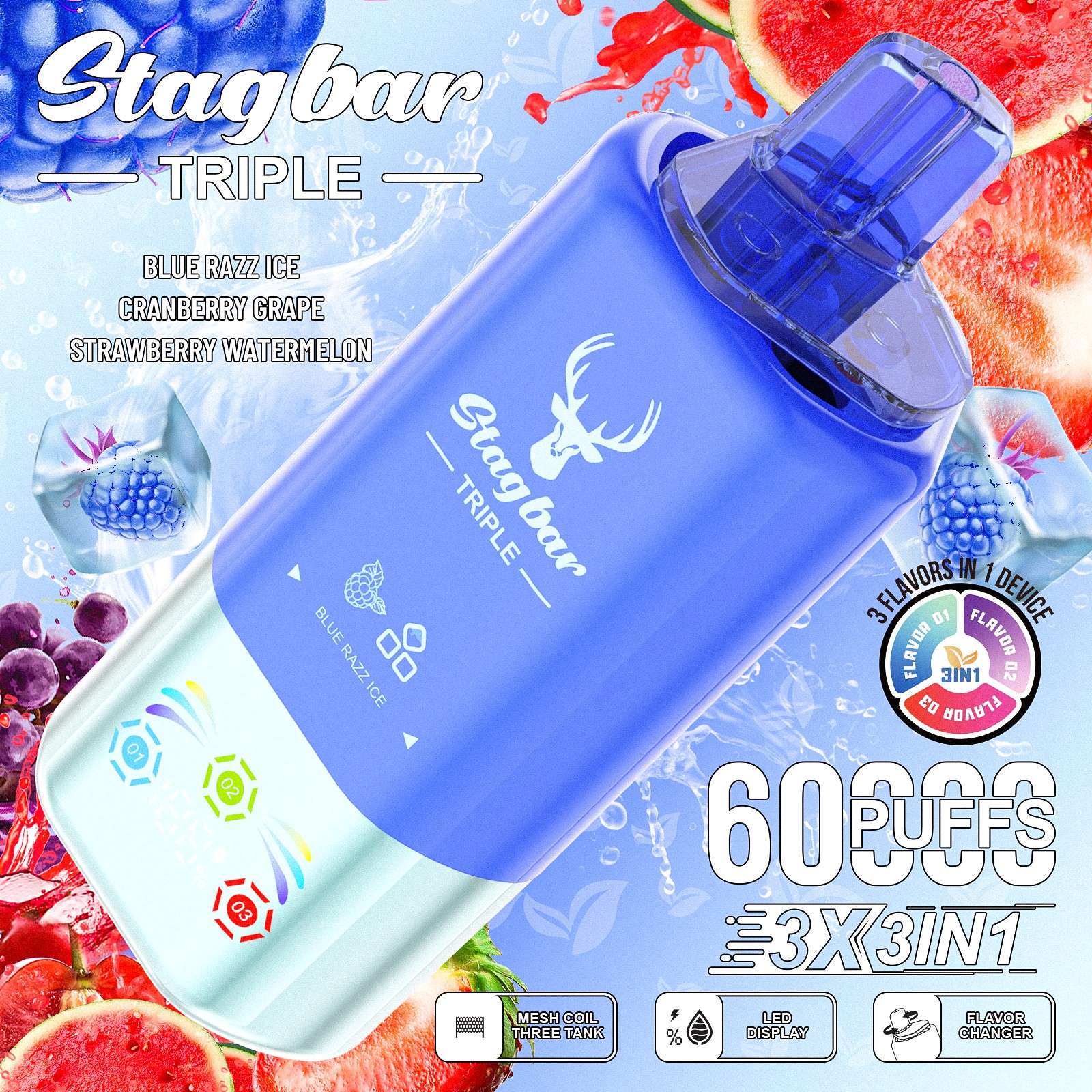 Wegwerp E Sigaret Stag Bar Triple 60000 Puffs 3 in 1 Vape