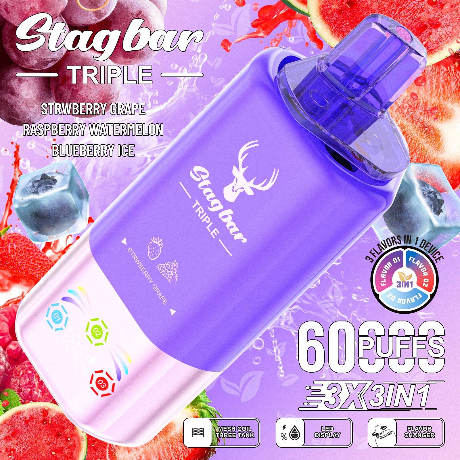 Wegwerp E Sigaret Stag Bar Triple 60000 Puffs 3 in 1 Vape