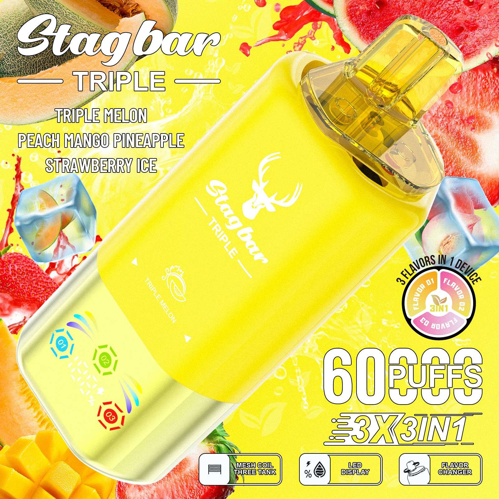 Wegwerp E Sigaret Stag Bar Triple 60000 Puffs 3 in 1 Vape