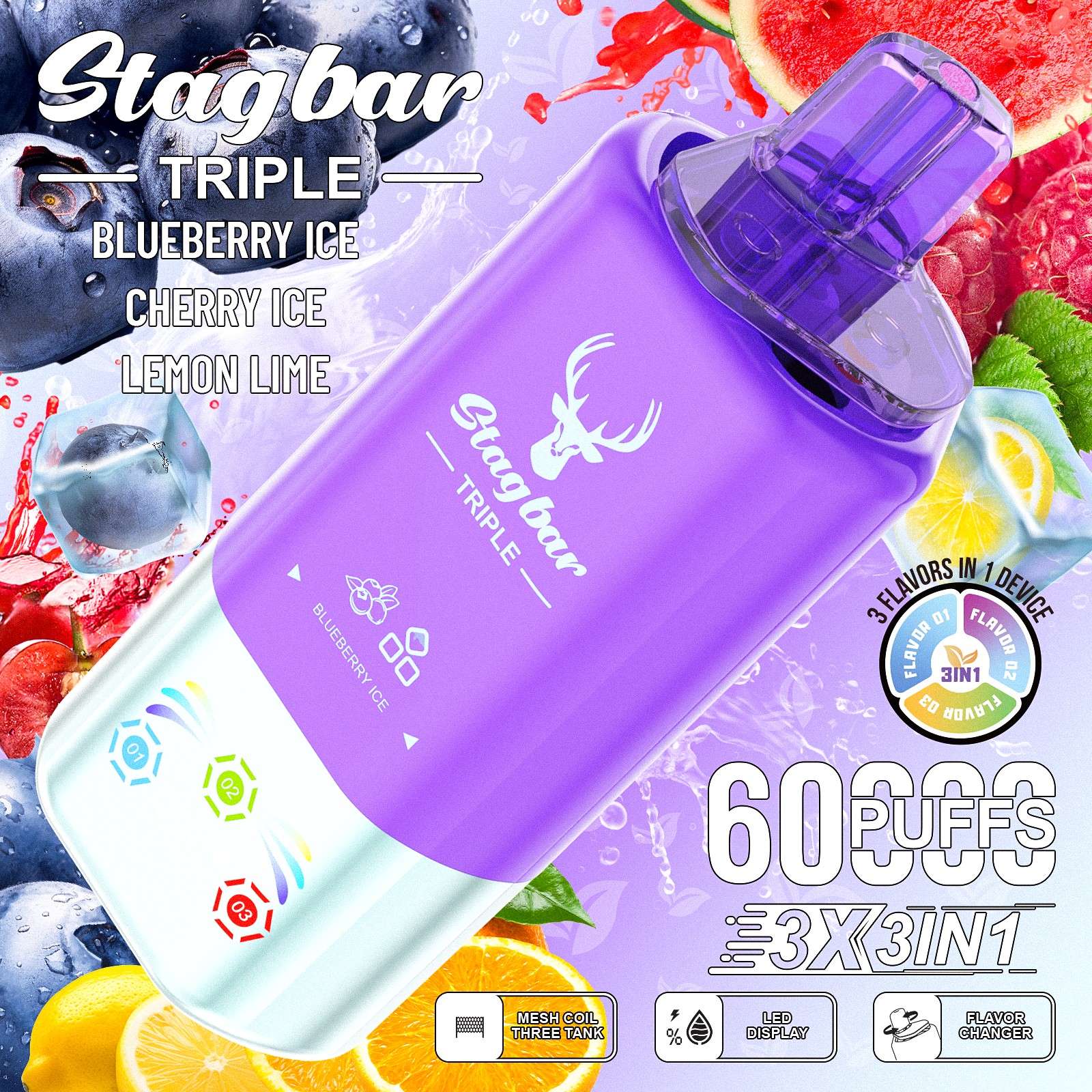 Wegwerp E Sigaret Stag Bar Triple 60000 Puffs 3 in 1 Vape