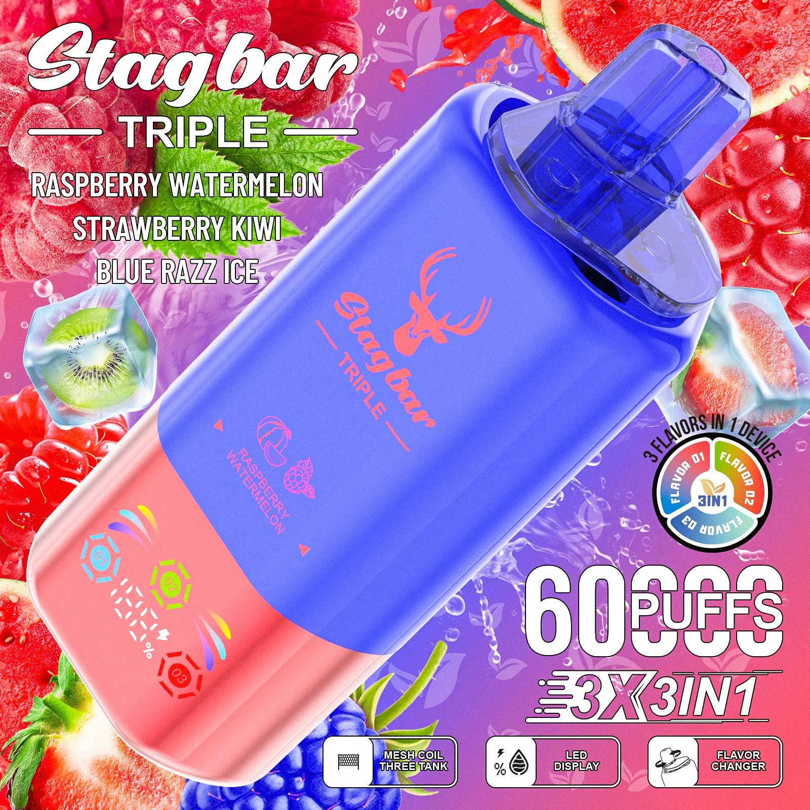 Wegwerp E Sigaret Stag Bar Triple 60000 Puffs 3 in 1 Vape