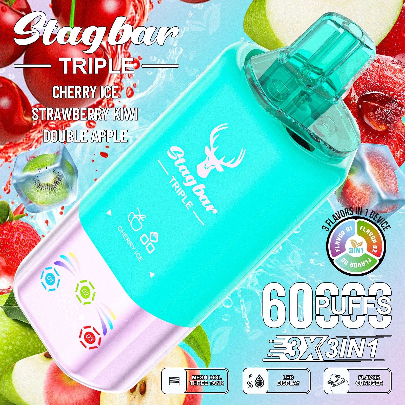 Wegwerp E Sigaret Stag Bar Triple 60000 Puffs 3 in 1 Vape