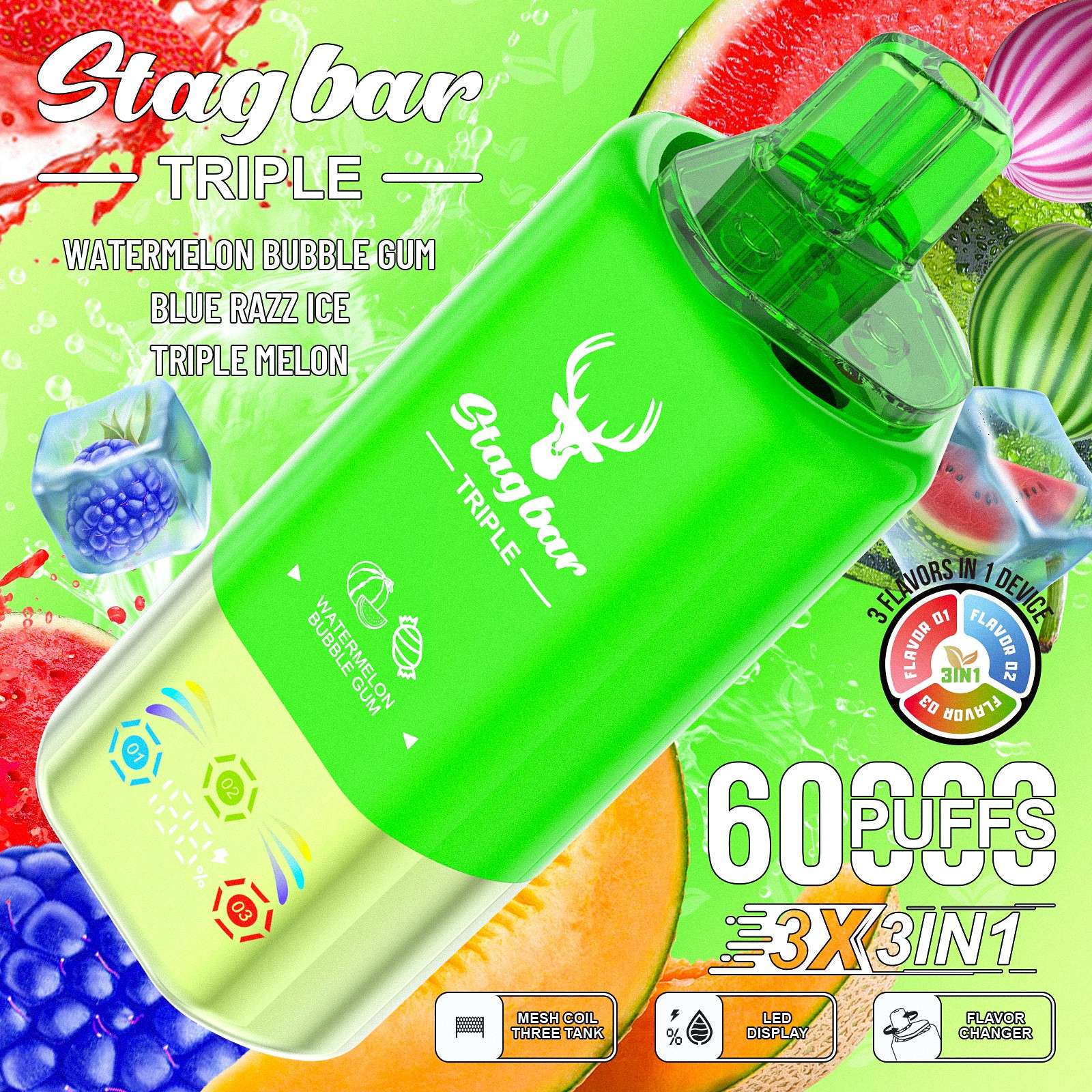 Wegwerp E Sigaret Stag Bar Triple 60000 Puffs 3 in 1 Vape