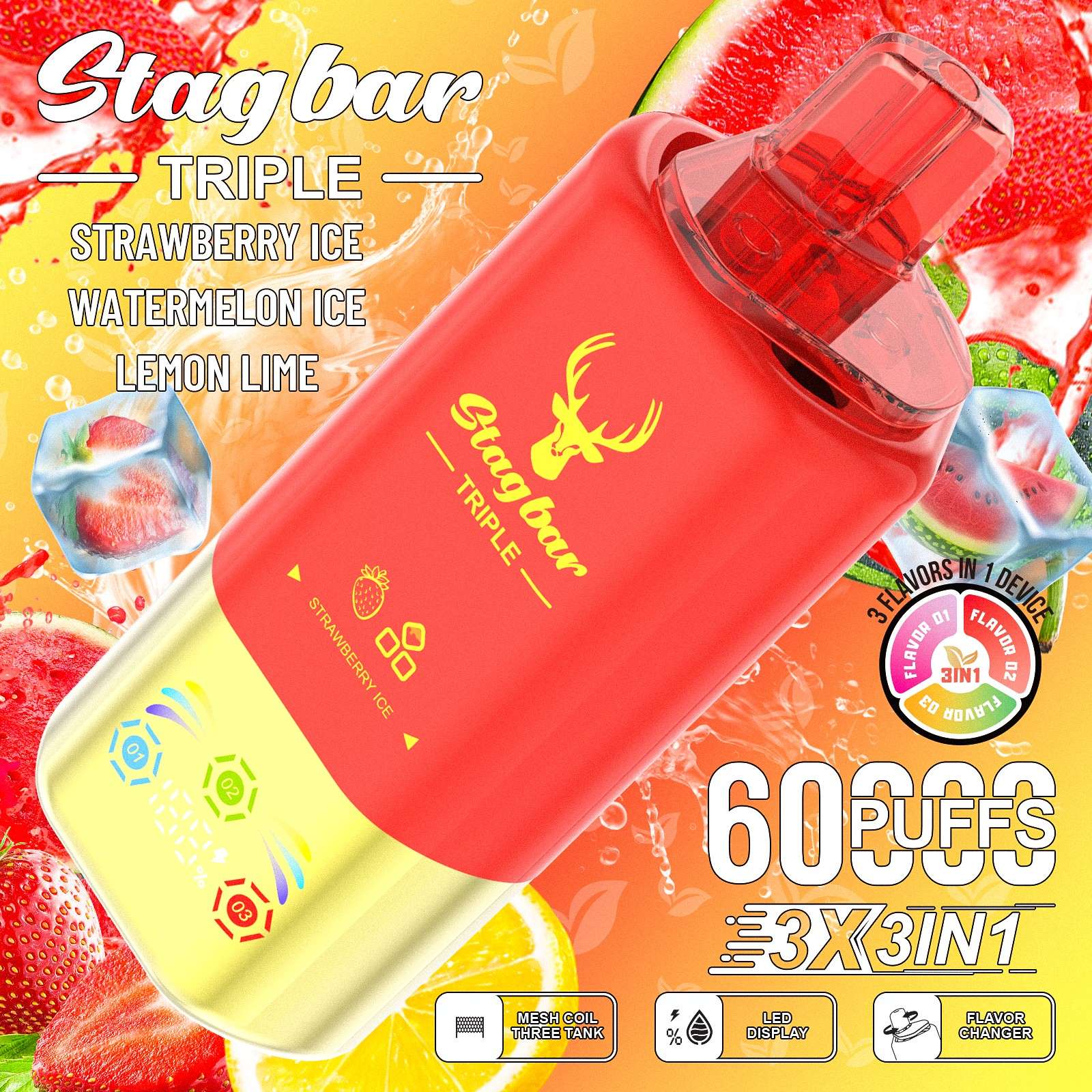 Wegwerp E Sigaret Stag Bar Triple 60000 Puffs 3 in 1 Vape