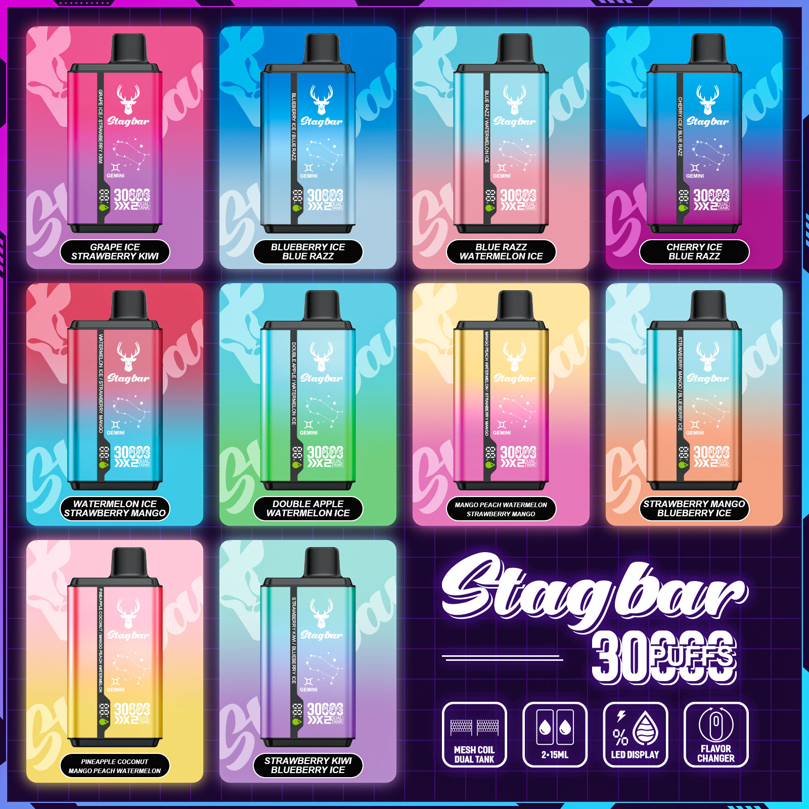 Wegwerp E Sigaret Stag Bar Gemini 30000 Puffs Vape Dubbele Smaak