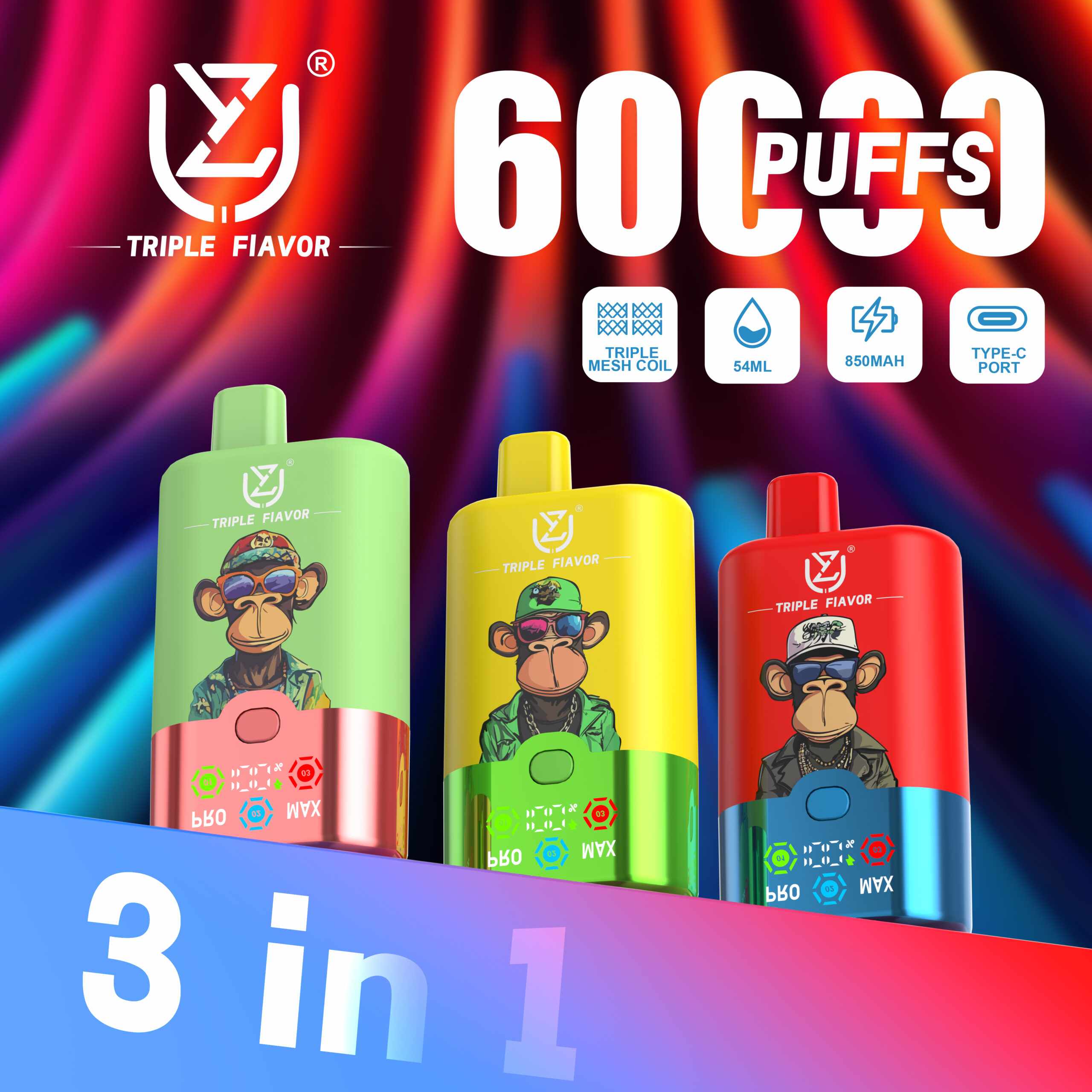 Wegwerp E Sigaret UZY Triple Flavor 60000 Puffs 3 in 1 Vape