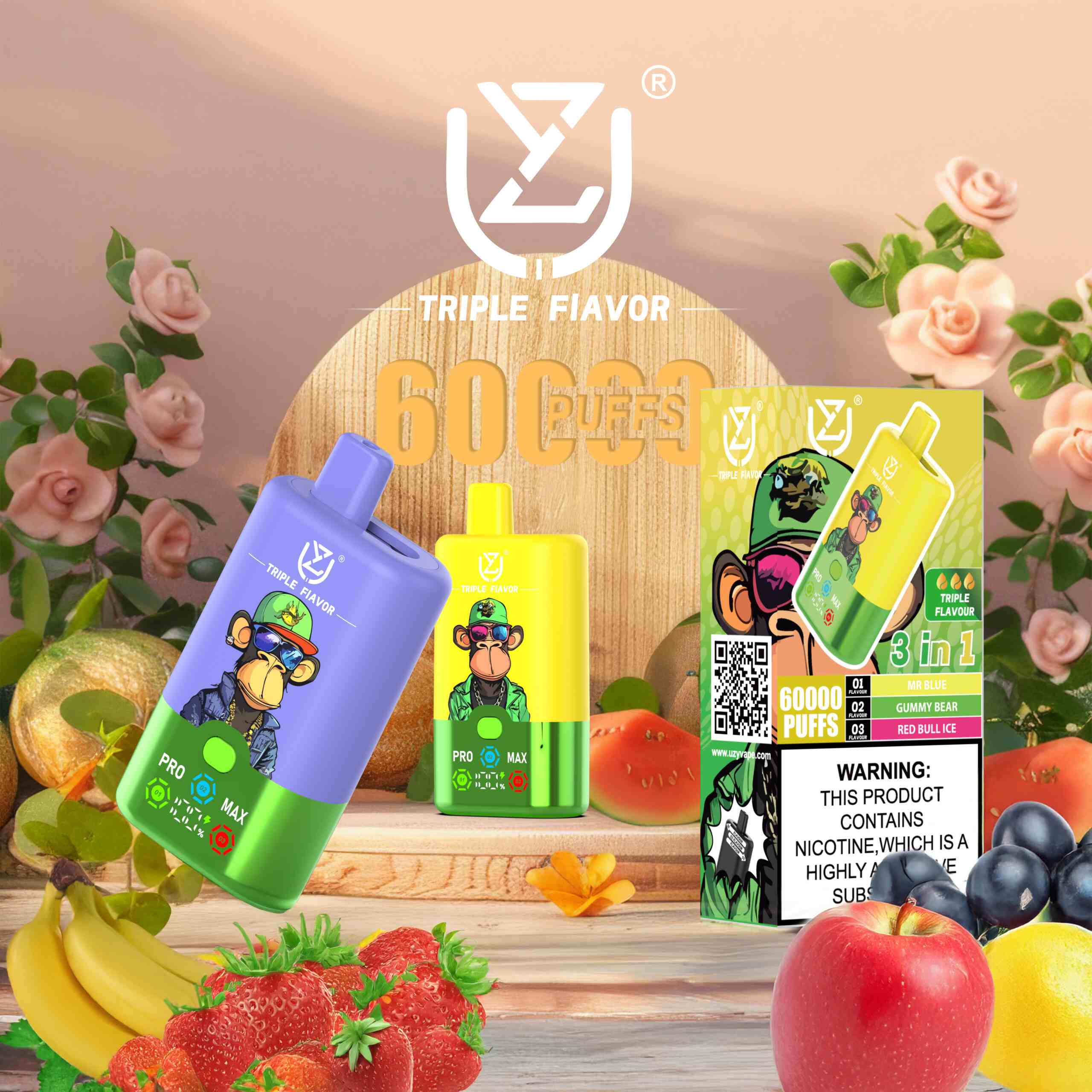 Wegwerp E Sigaret UZY Triple Flavor 60000 Puffs 3 in 1 Vape