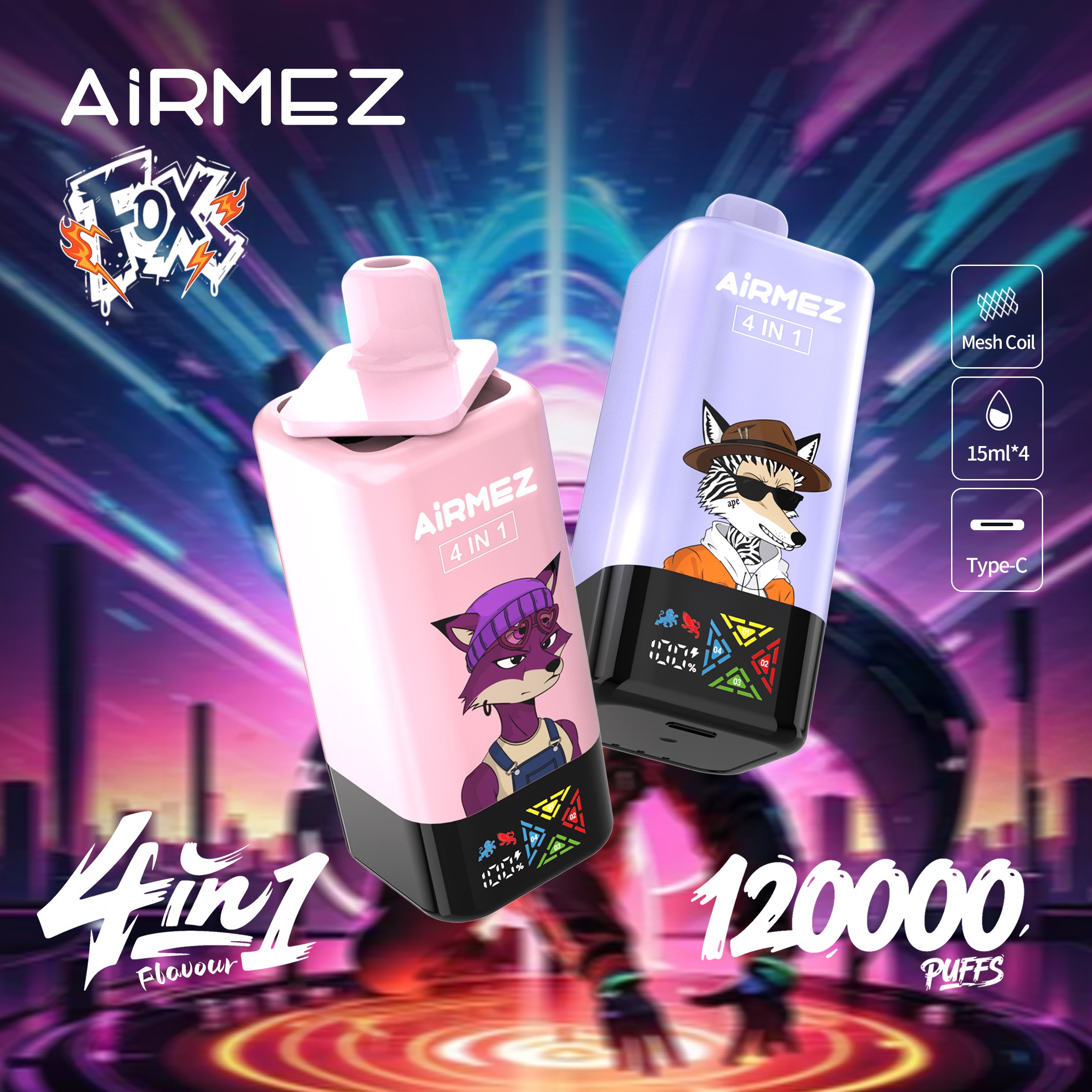 Wegwerp E Sigaret Airmez Fox 120000 Puffs 4 in 1 Vape