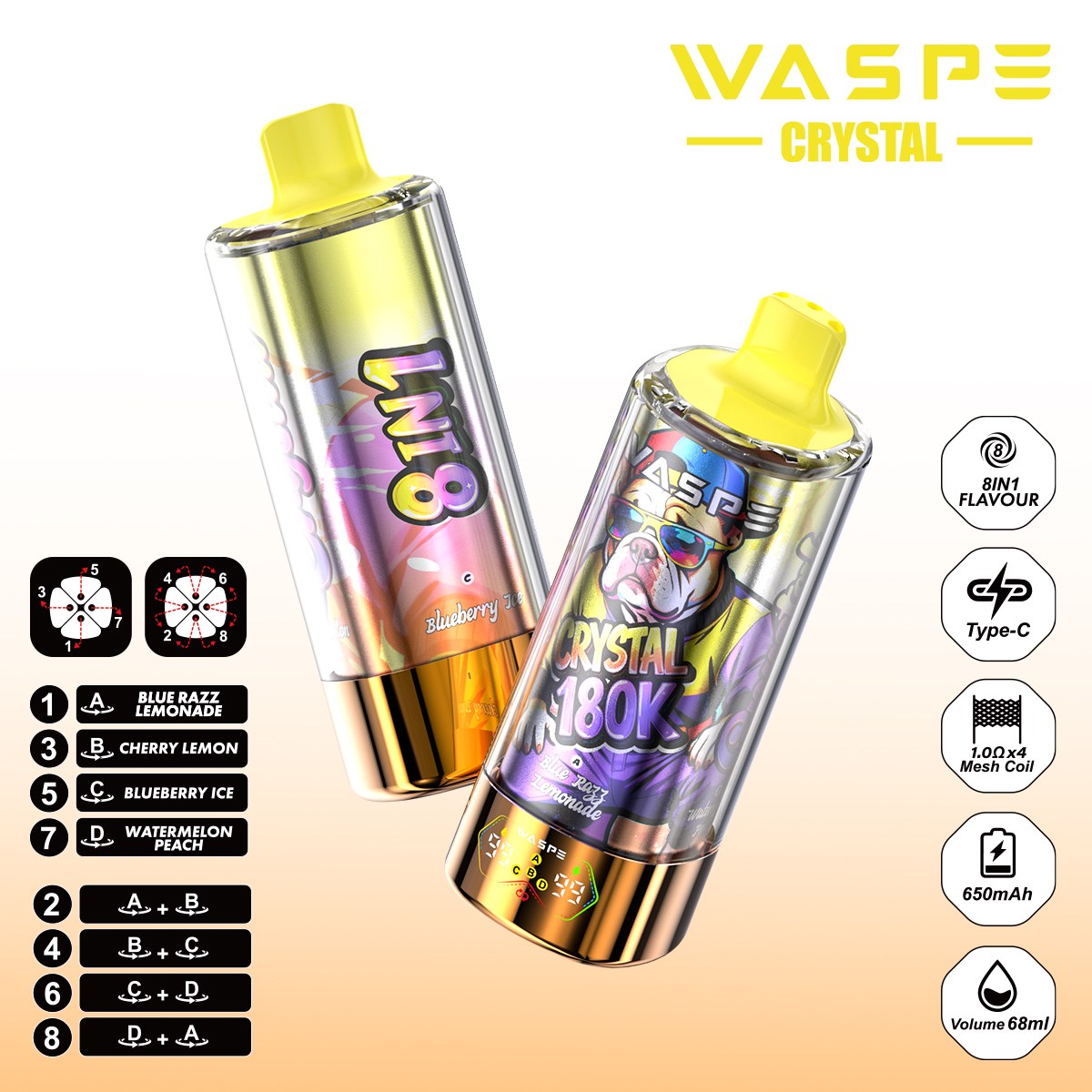 Wegwerp E Sigaret WASPE Crystal 180K Puffs 8 in 1 Vape
