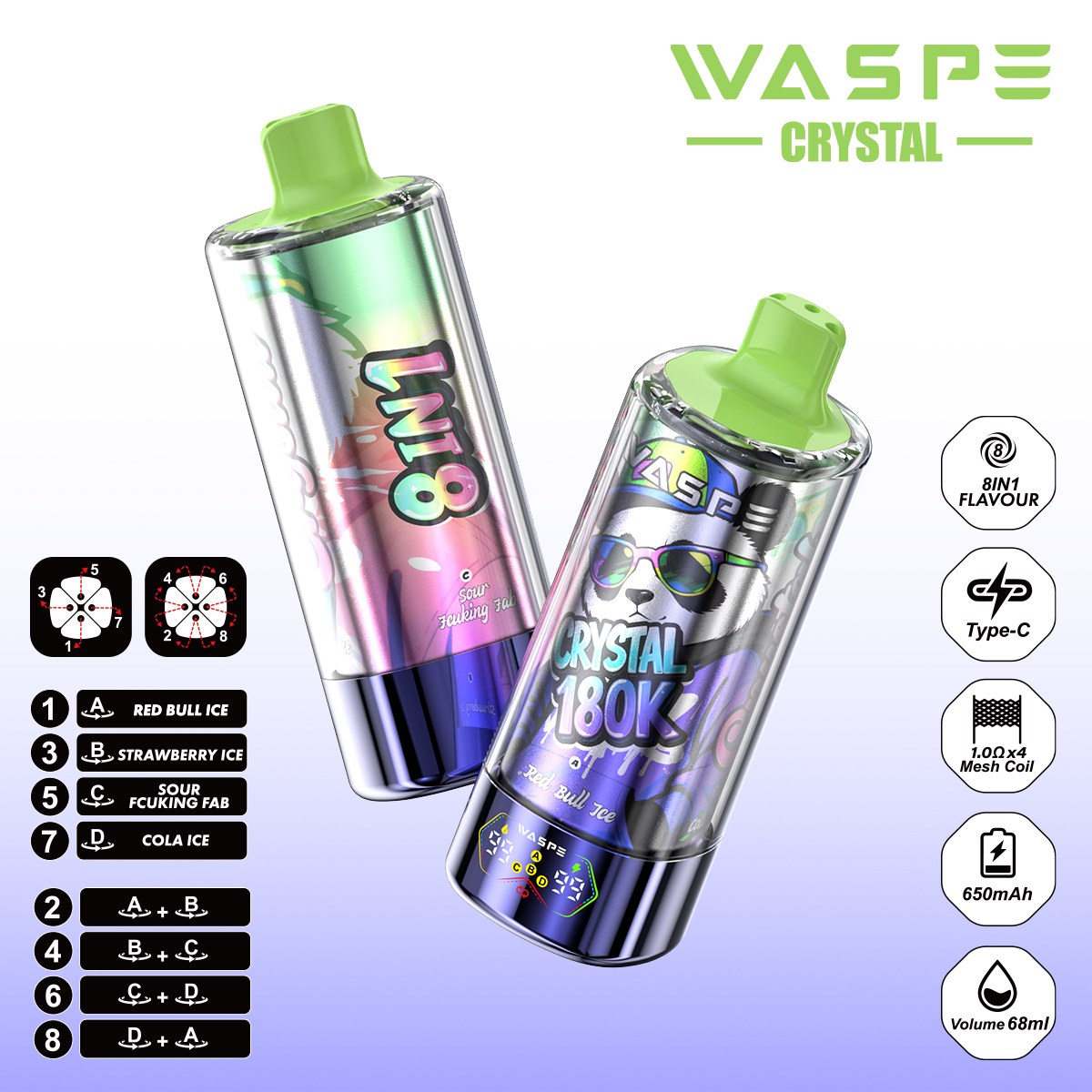 Wegwerp E Sigaret WASPE Crystal 180K Puffs 8 in 1 Vape