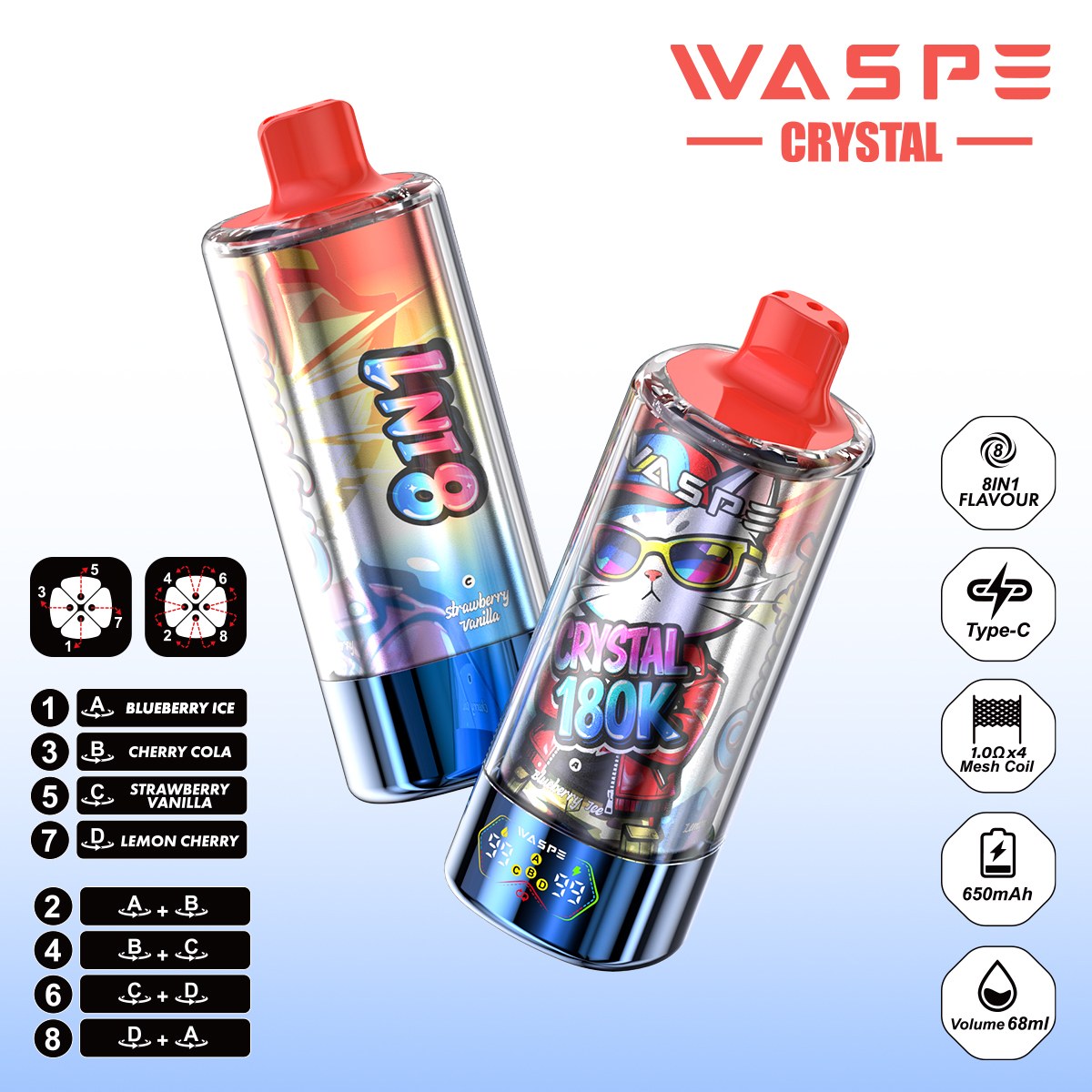 Wegwerp E Sigaret WASPE Crystal 180K Puffs 8 in 1 Vape