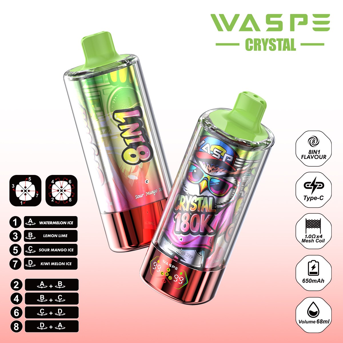 Wegwerp E Sigaret WASPE Crystal 180K Puffs 8 in 1 Vape