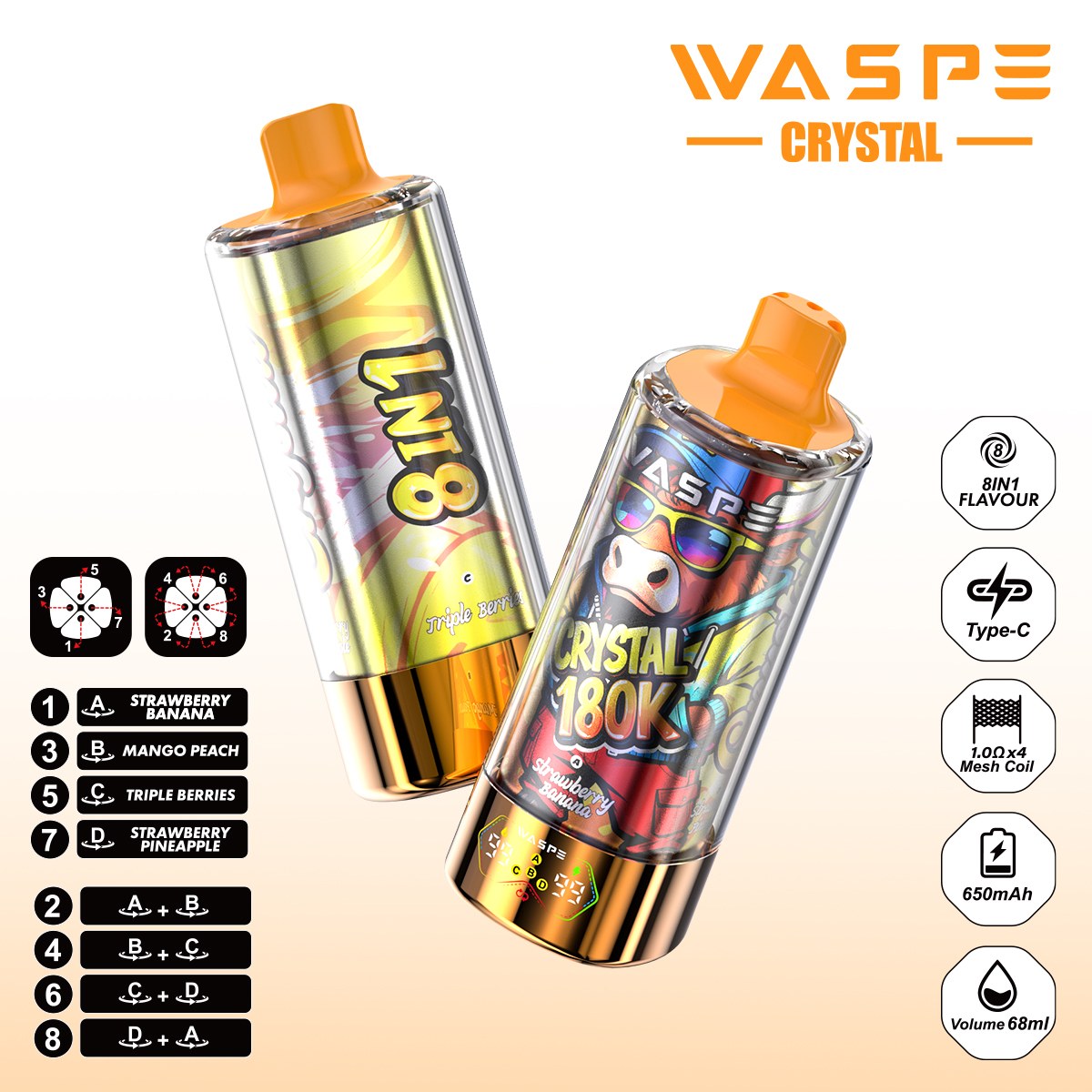 Wegwerp E Sigaret WASPE Crystal 180K Puffs 8 in 1 Vape