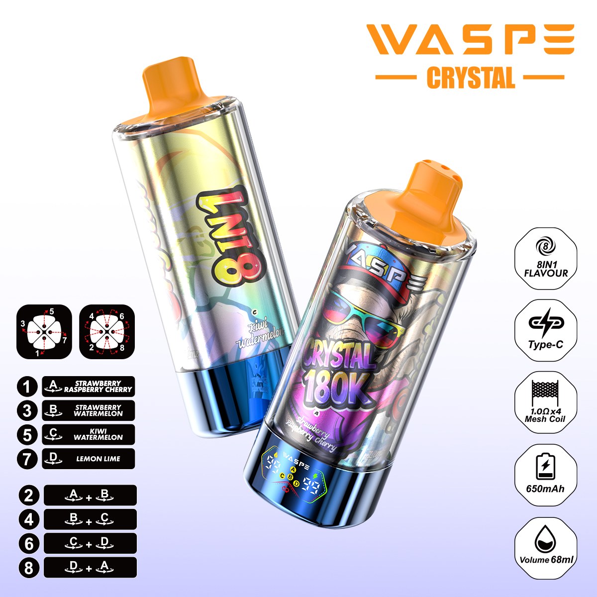 Wegwerp E Sigaret WASPE Crystal 180K Puffs 8 in 1 Vape