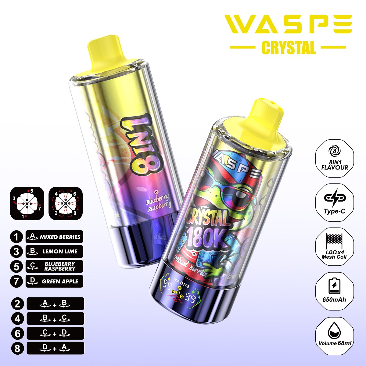 Wegwerp E Sigaret WASPE Crystal 180K Puffs 8 in 1 Vape