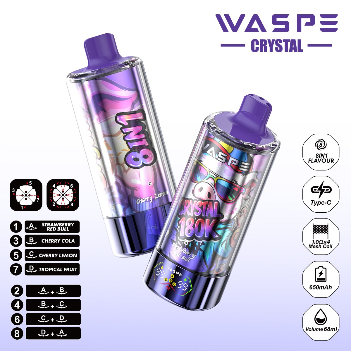 Wegwerp E Sigaret WASPE Crystal 180K Puffs 8 in 1 Vape