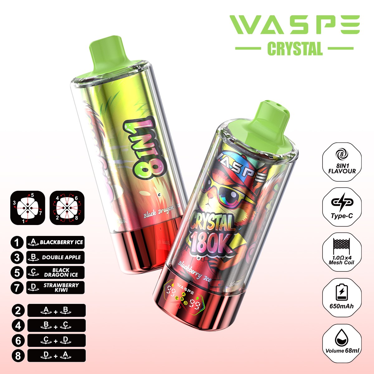 Wegwerp E Sigaret WASPE Crystal 180K Puffs 8 in 1 Vape