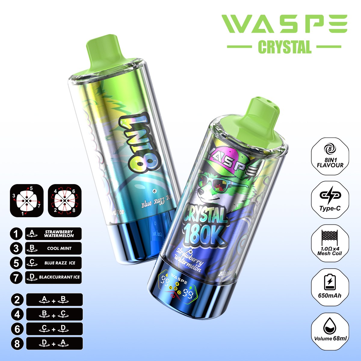 Wegwerp E Sigaret WASPE Crystal 180K Puffs 8 in 1 Vape