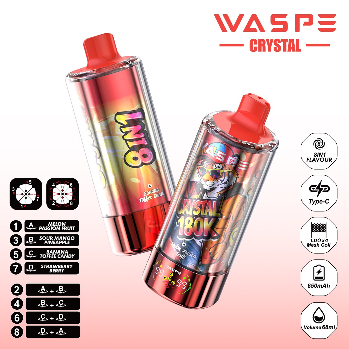 Wegwerp E Sigaret WASPE Crystal 180K Puffs 8 in 1 Vape
