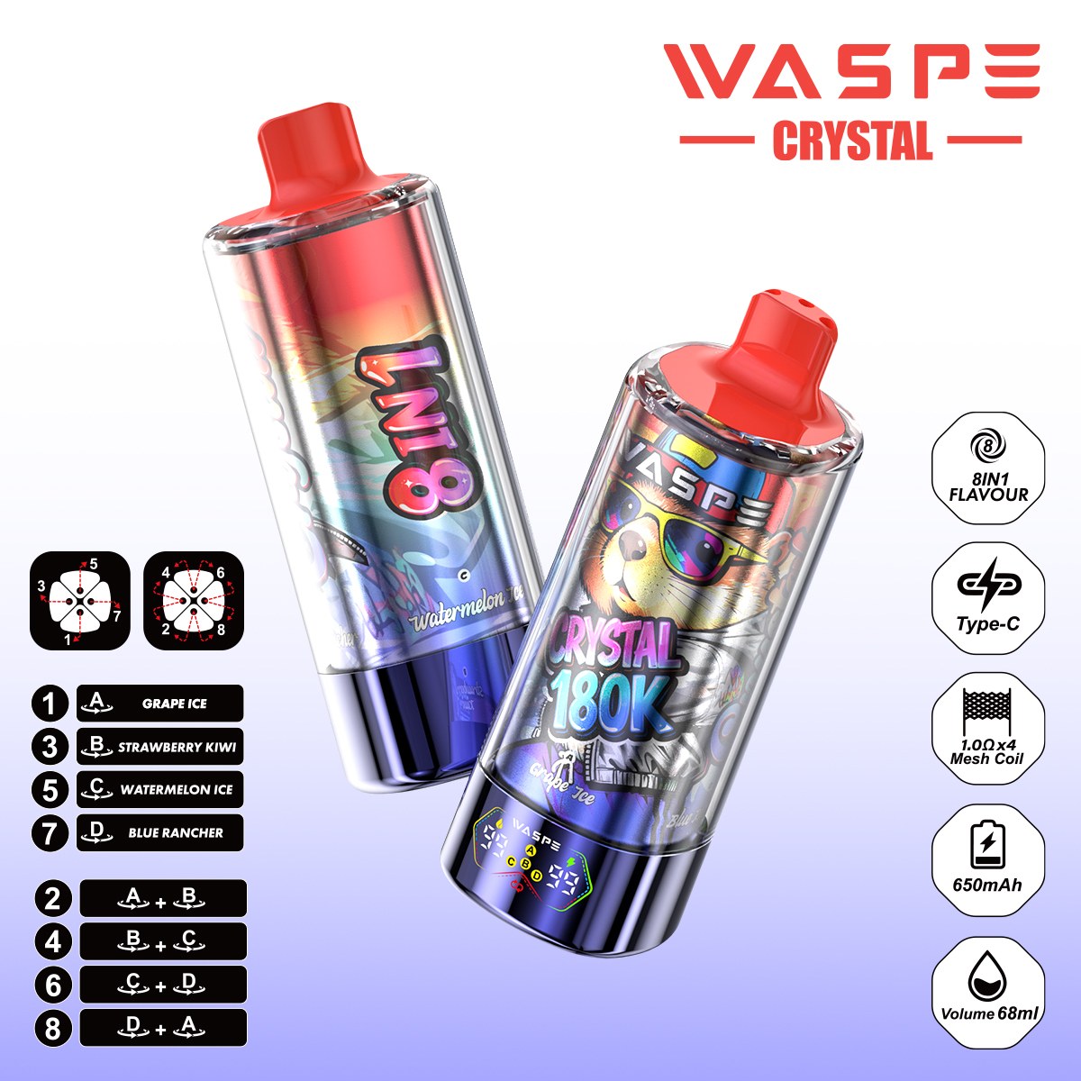 Wegwerp E Sigaret WASPE Crystal 180K Puffs 8 in 1 Vape
