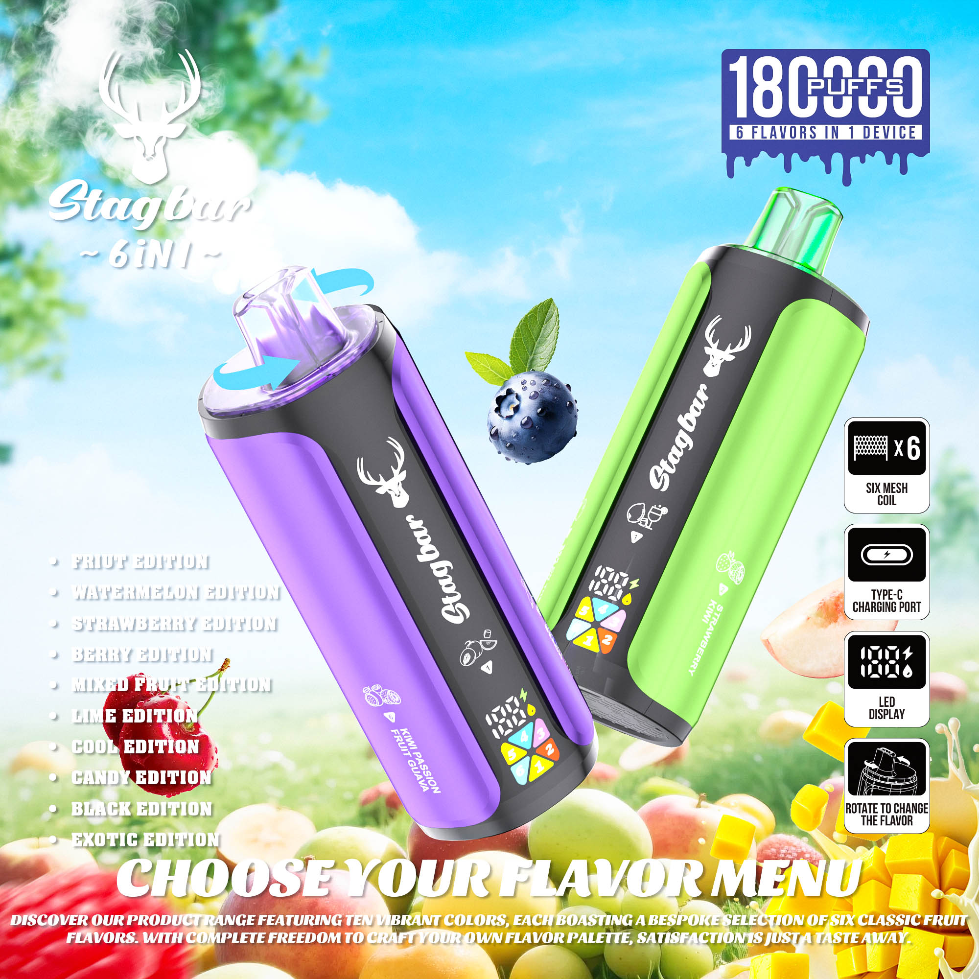 Wegwerp E Sigaret Stag Bar 180K Puffs 6 in 1 Vape