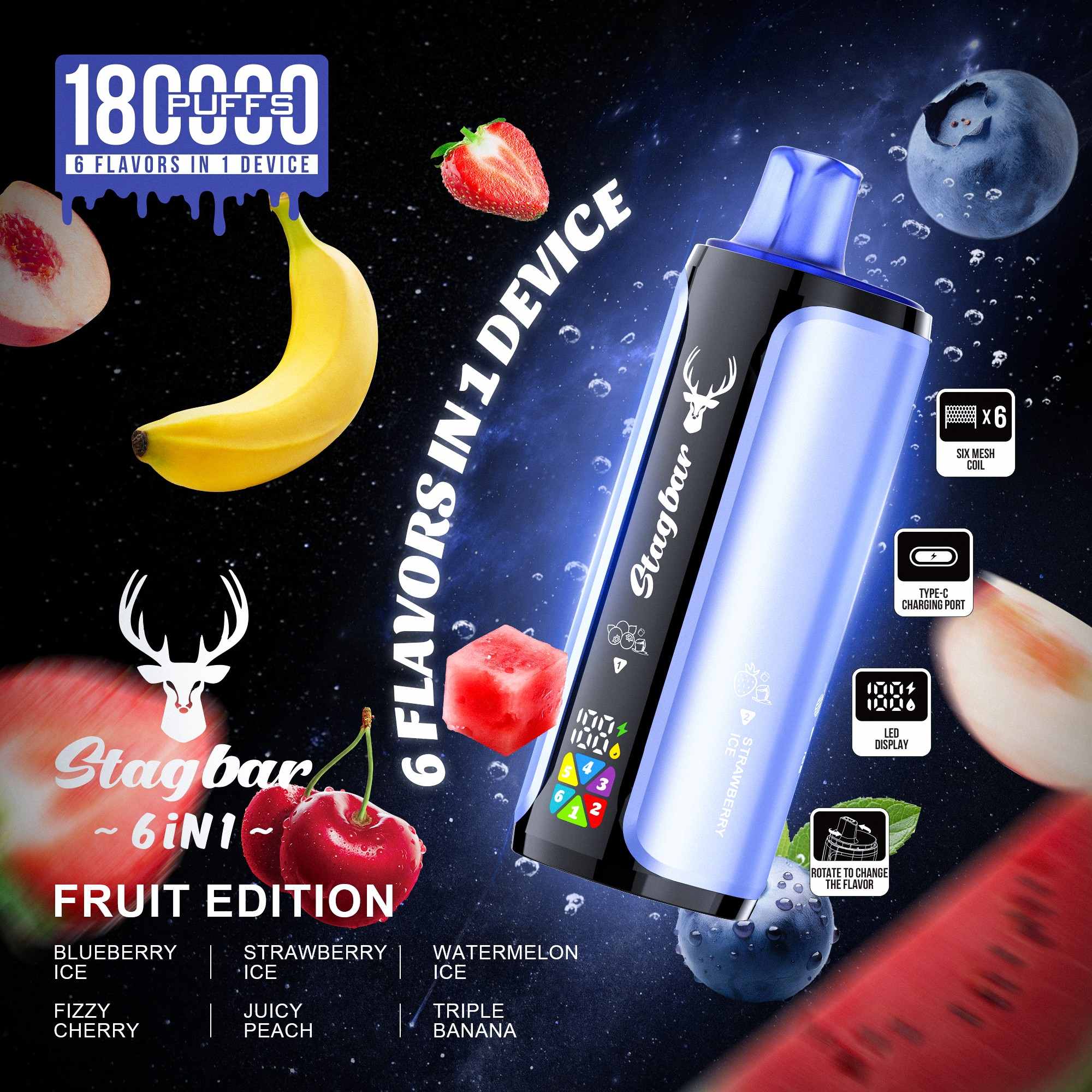 Wegwerp E Sigaret Stag Bar 180K Puffs 6 in 1 Vape