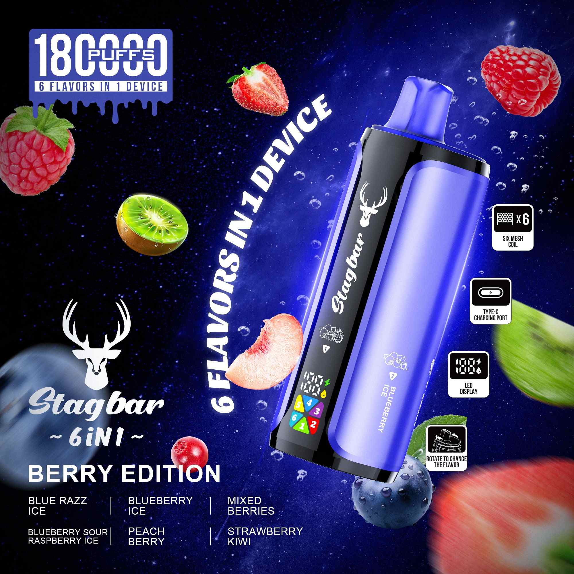 Wegwerp E Sigaret Stag Bar 180K Puffs 6 in 1 Vape