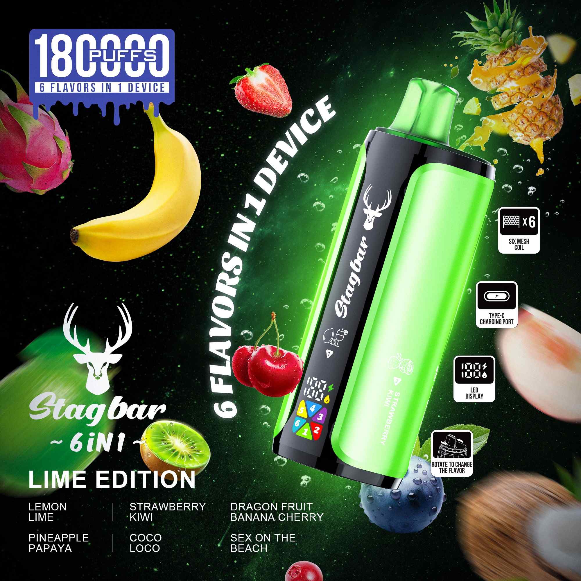 Wegwerp E Sigaret Stag Bar 180K Puffs 6 in 1 Vape