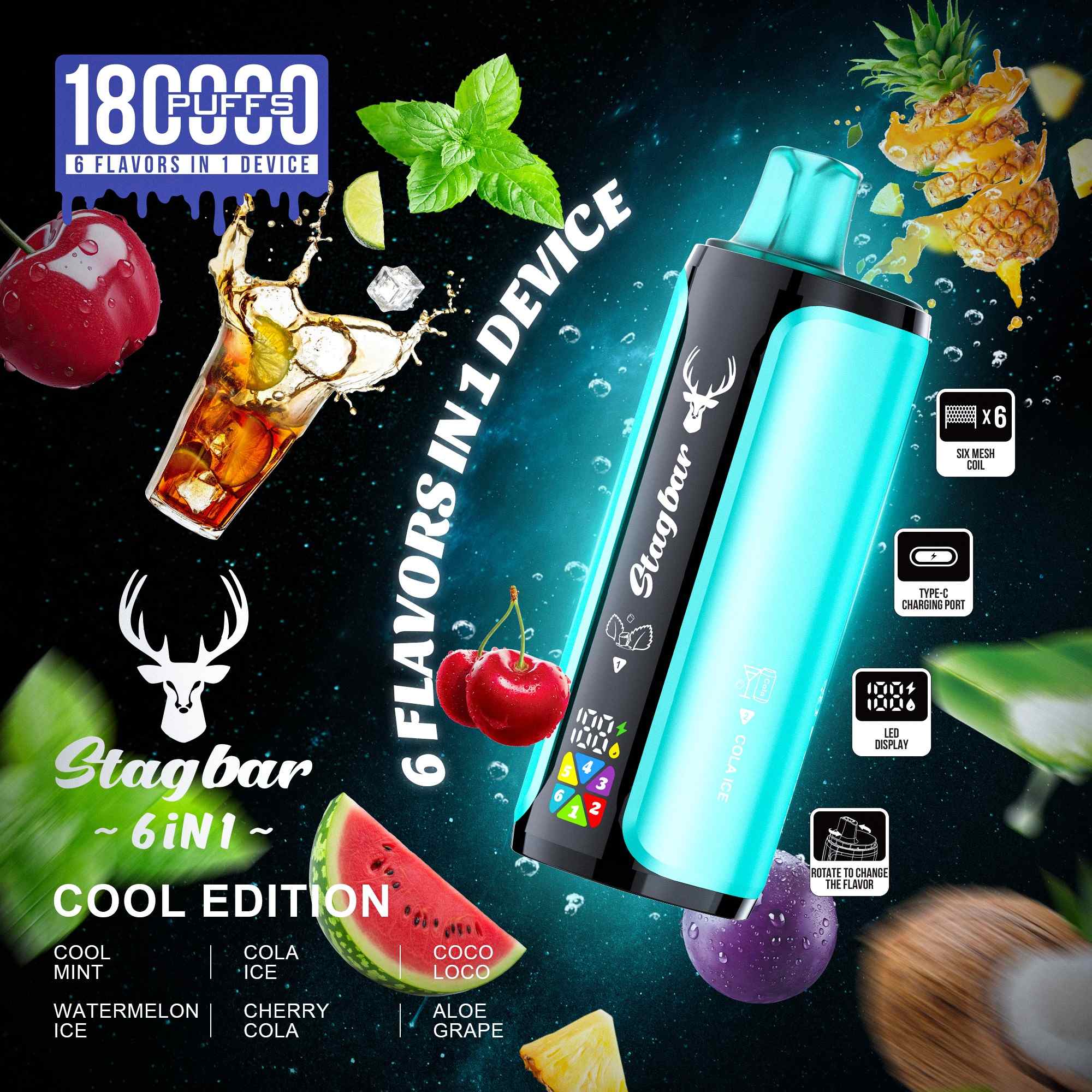 Wegwerp E Sigaret Stag Bar 180K Puffs 6 in 1 Vape